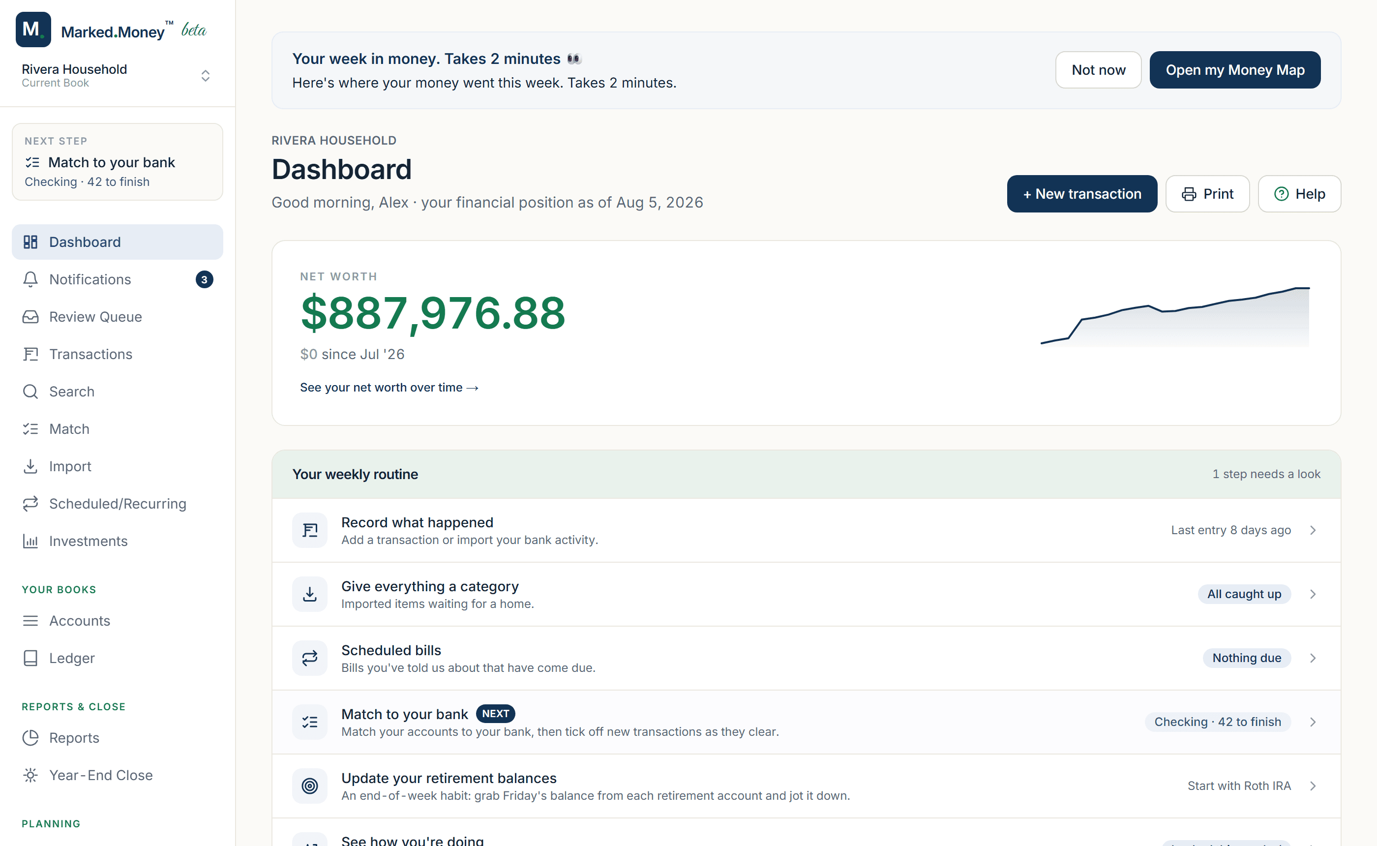 The Marked Money dashboard for a household: a net worth of $887,976.88 with its trend chart, and a weekly routine checklist whose next step is matching to the bank.