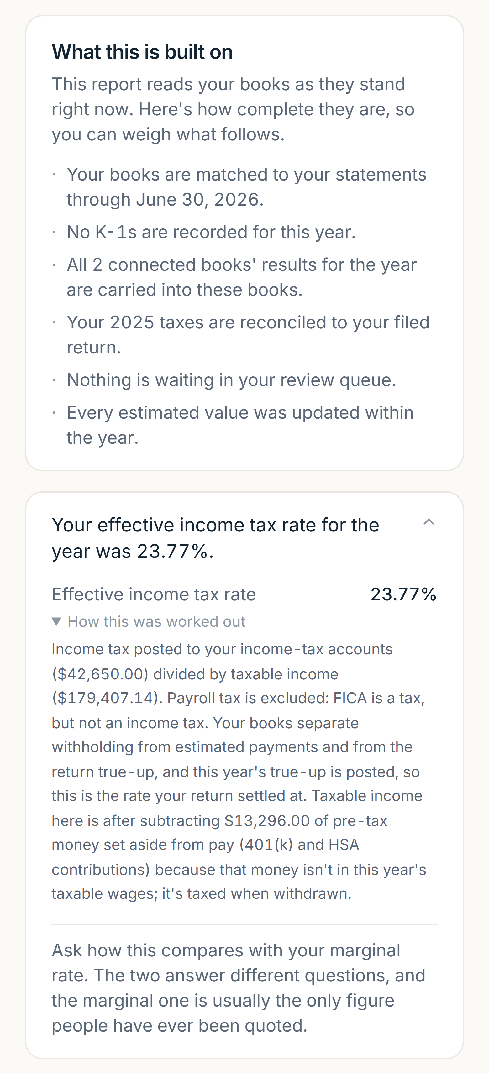 The Year in Review on a phone: what the report is built on, then the effective income tax rate of 23.77% with its arithmetic shown.